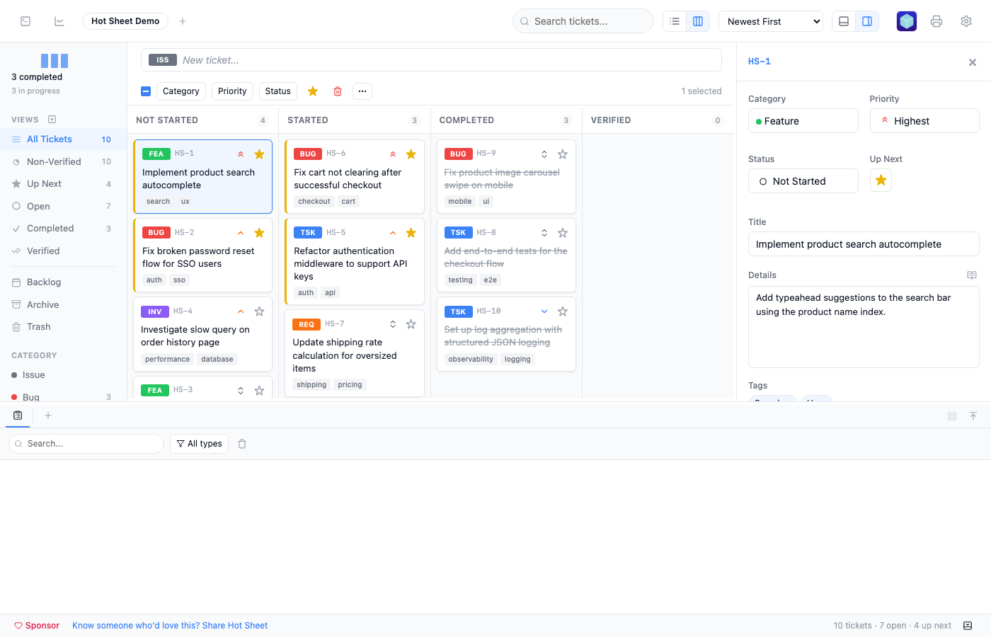 Column view showing tickets organized by status in a kanban board