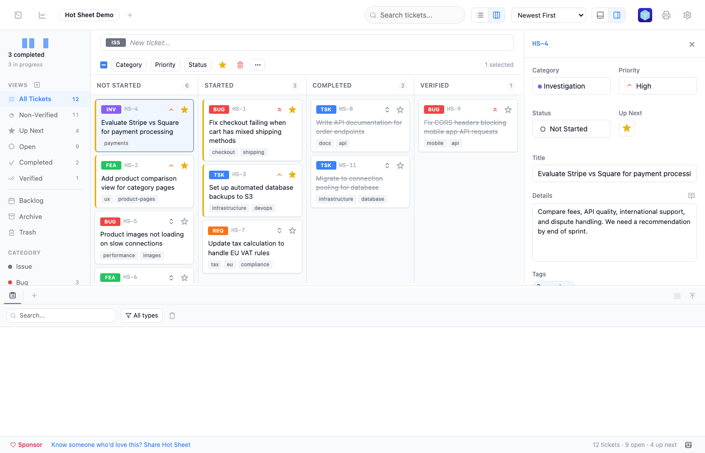 Hot Sheet main UI showing tickets across categories, priorities, and statuses with the detail panel open
