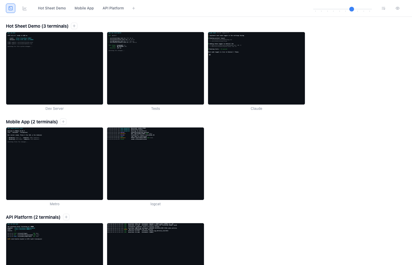 Terminal dashboard view showing every terminal across every registered project as a tile grid