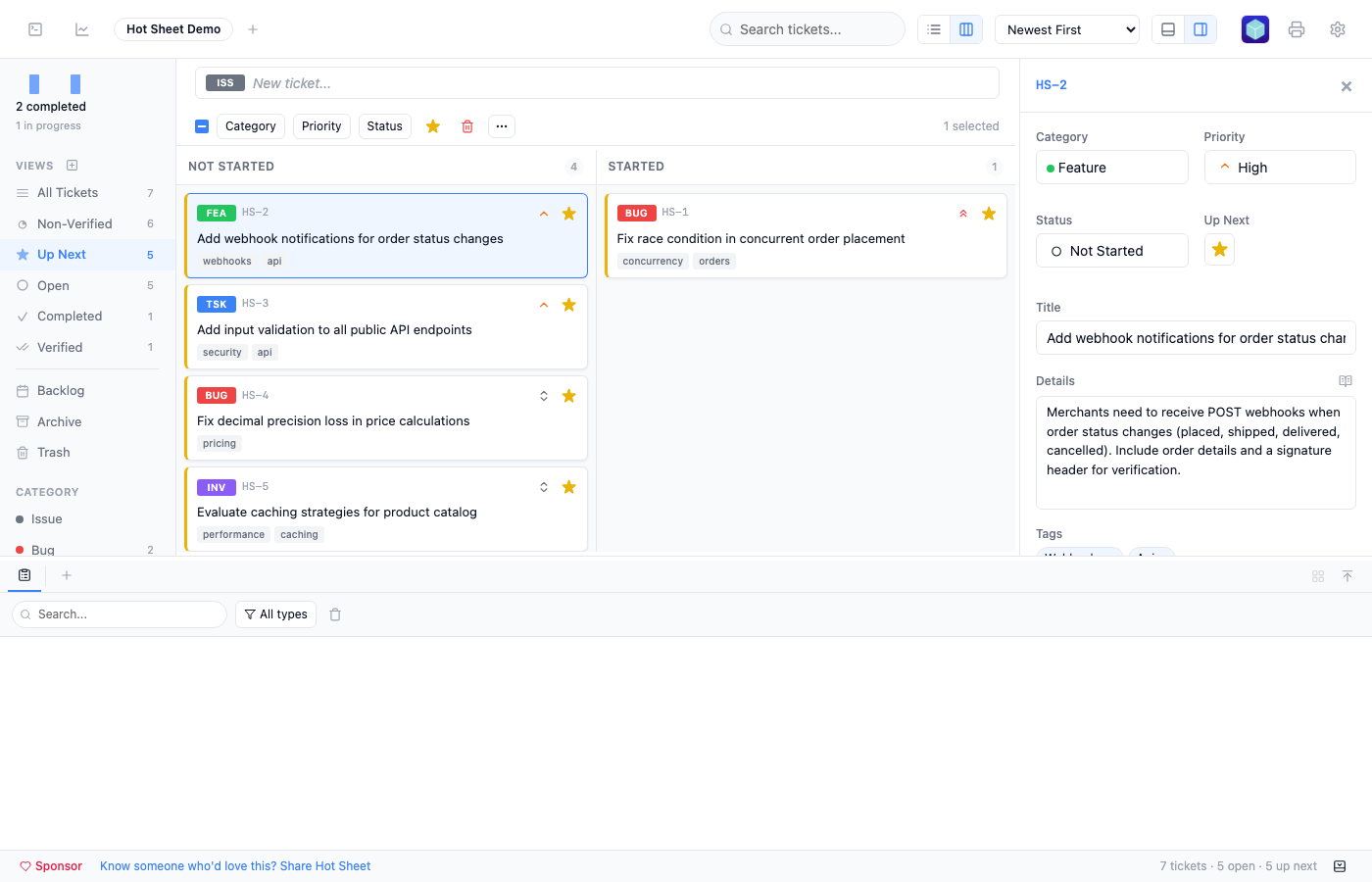 Up Next view showing prioritized tickets with AI progress notes in the detail panel