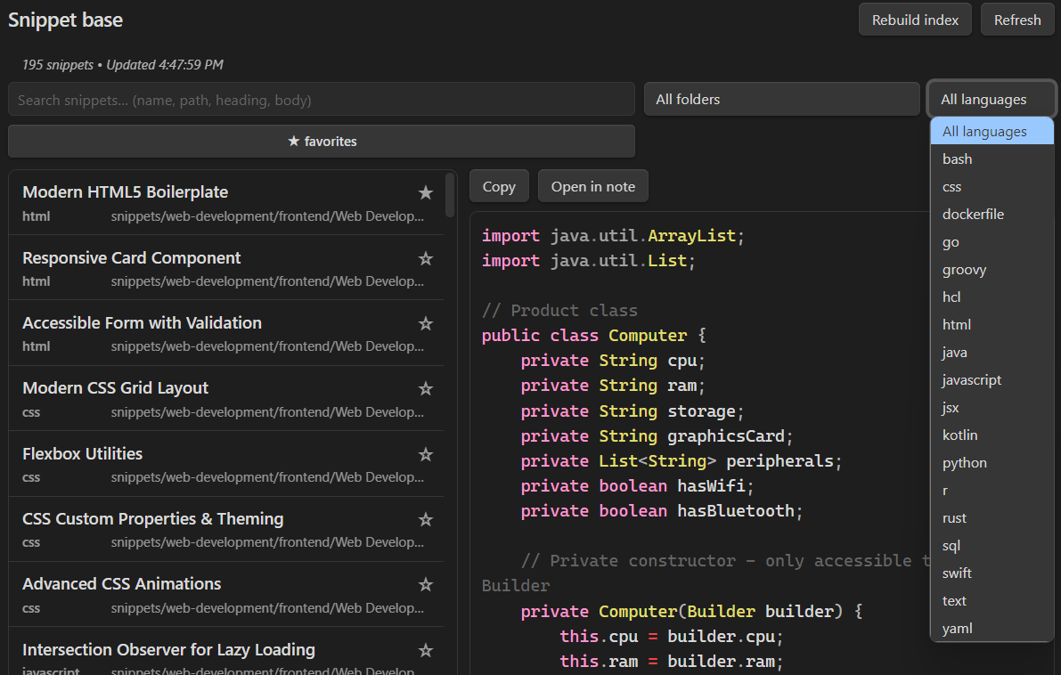 Filter controls for narrowing down snippets