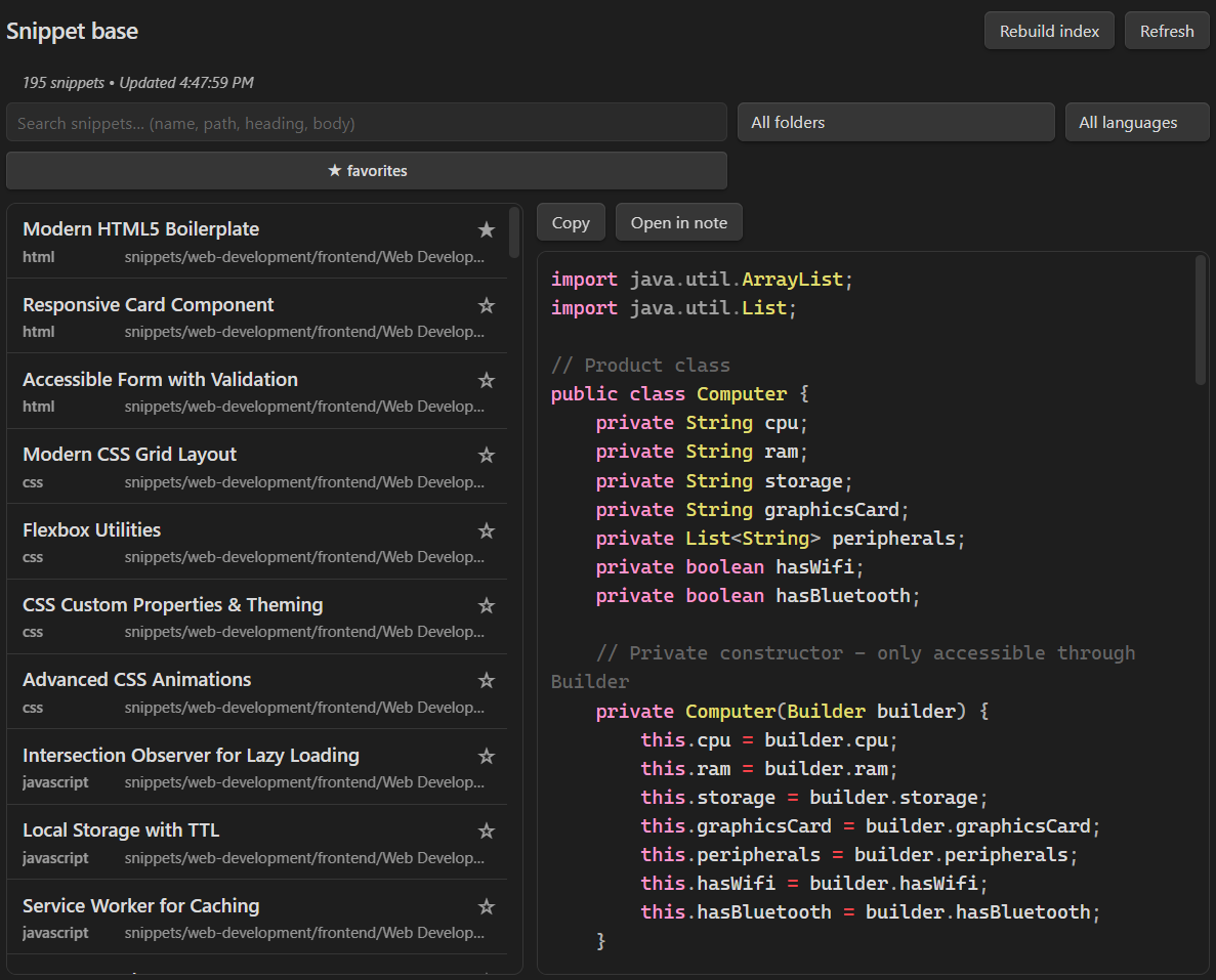 Snippet list with filters and preview pane