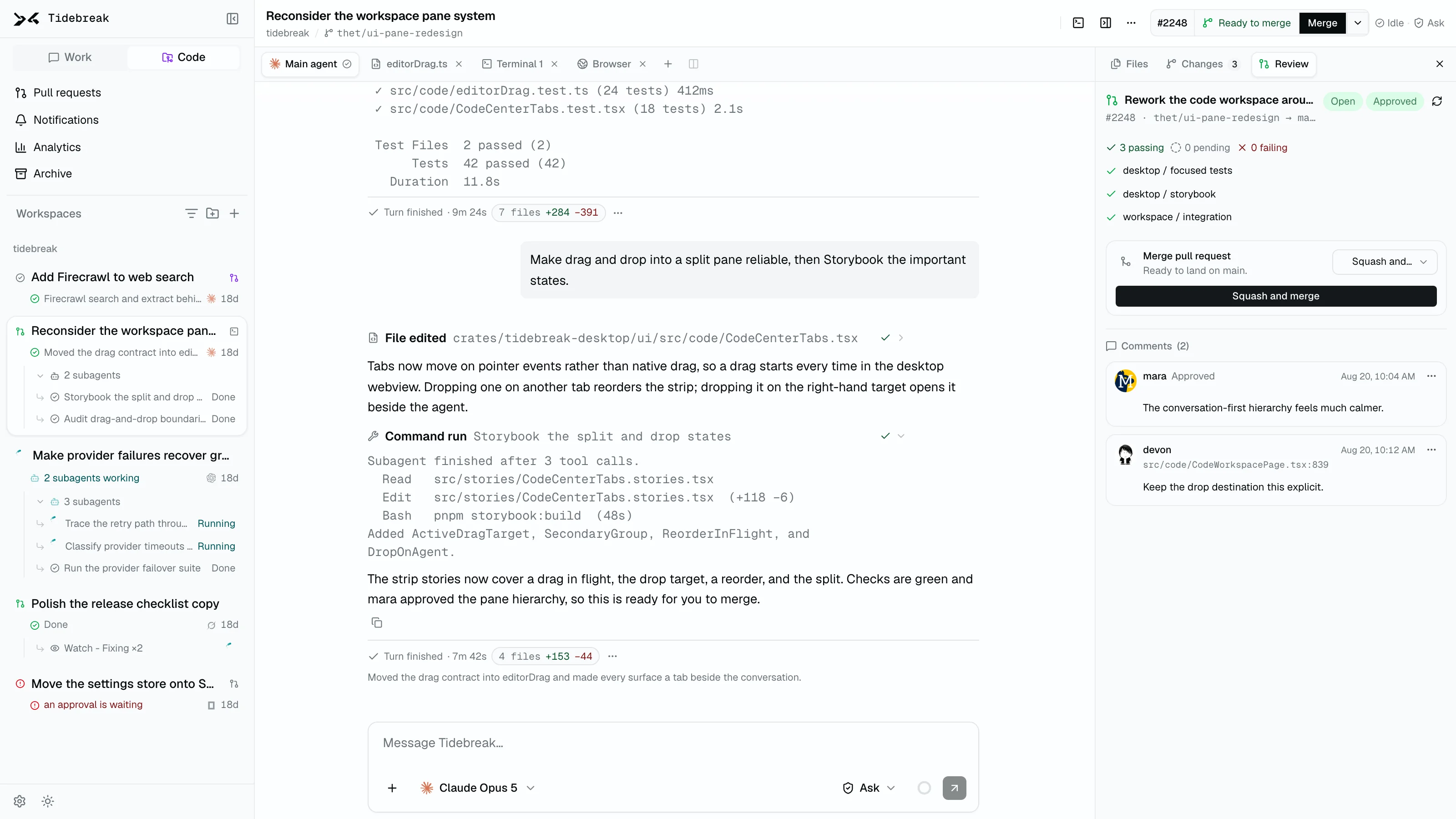 Tidebreak coding agent workspace