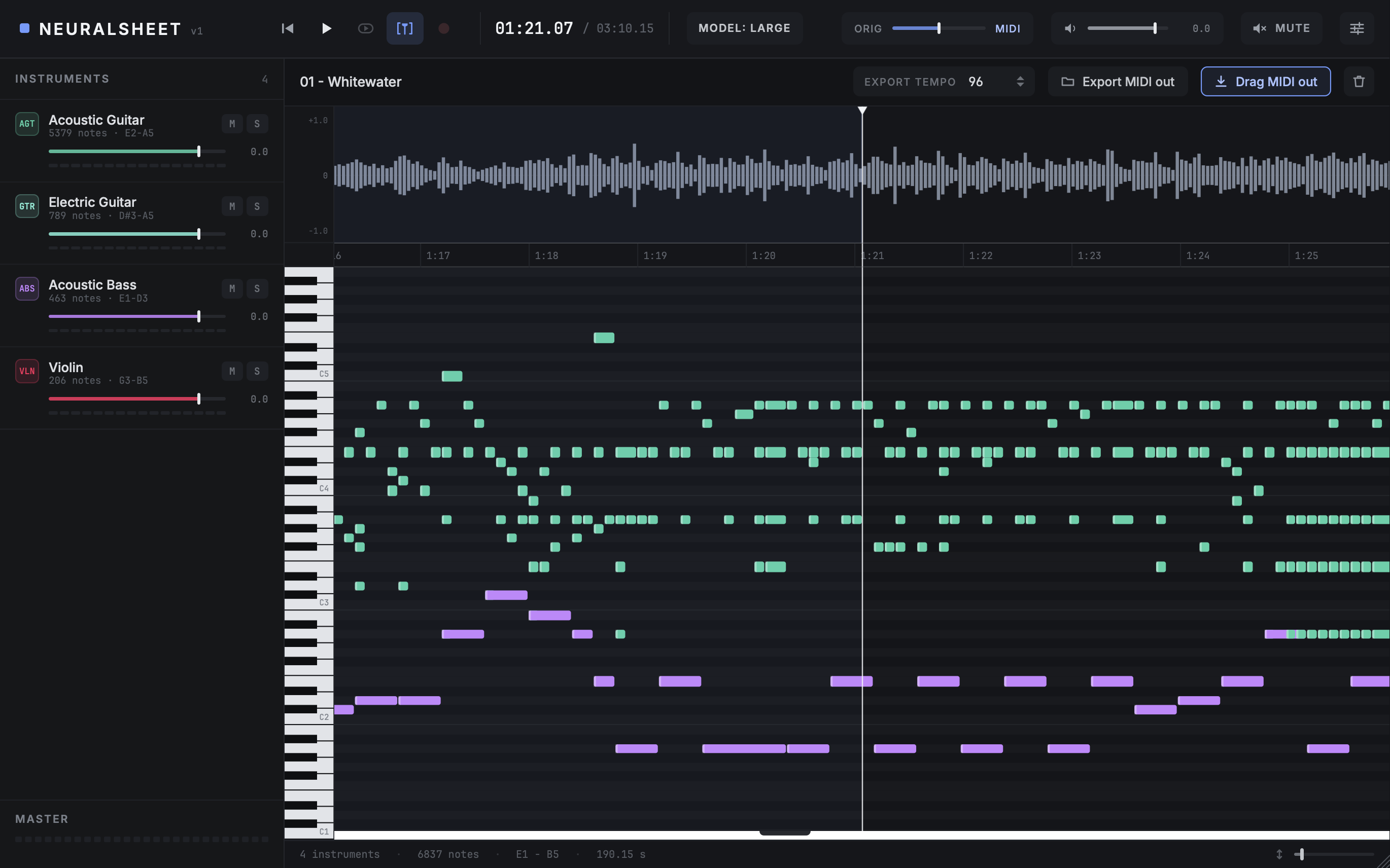 NeuralSheet transcribing a track