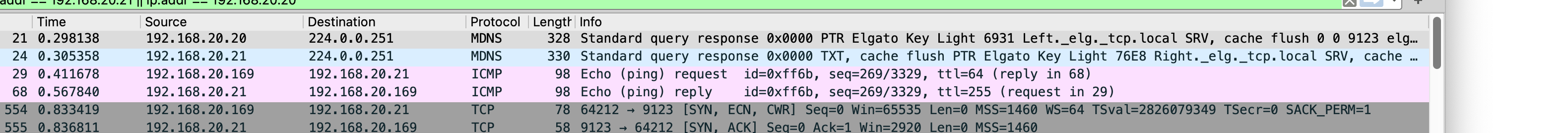 Screenshot of Wireshark showing the Elgato key light products exchanging multicast DNS messages