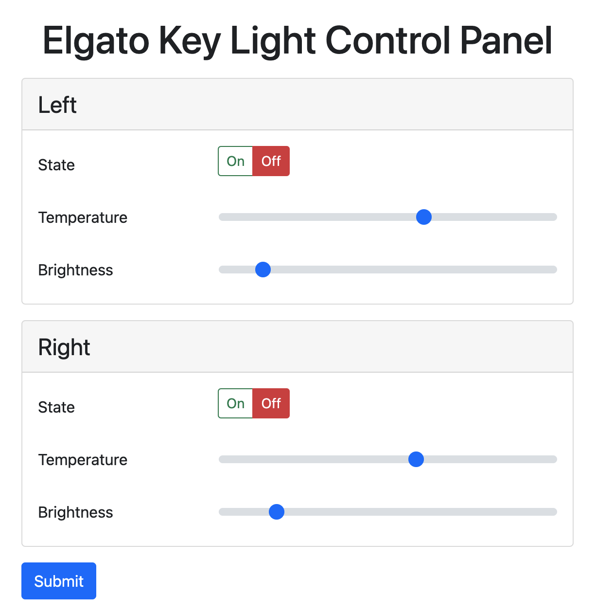 Screenshot of the software explained by this readme. Showing two lights called left and right being controllable.