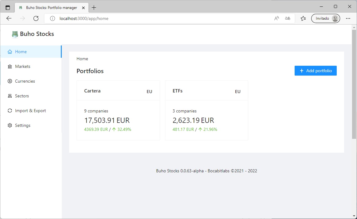 Buho Stocks portfolio list screen