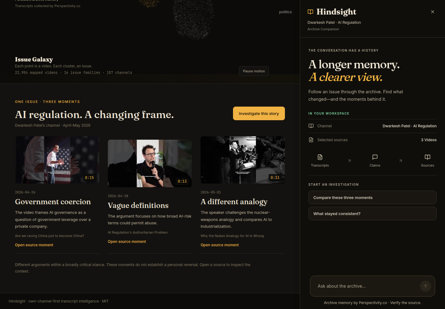 Hindsight's investigation panel beside the selected story, with source-aware starter suggestions