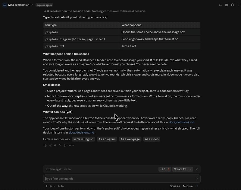 Clicking "As a web page" under a long Claude reply, then "Send now". Claude builds an interactive page that explains the reply.