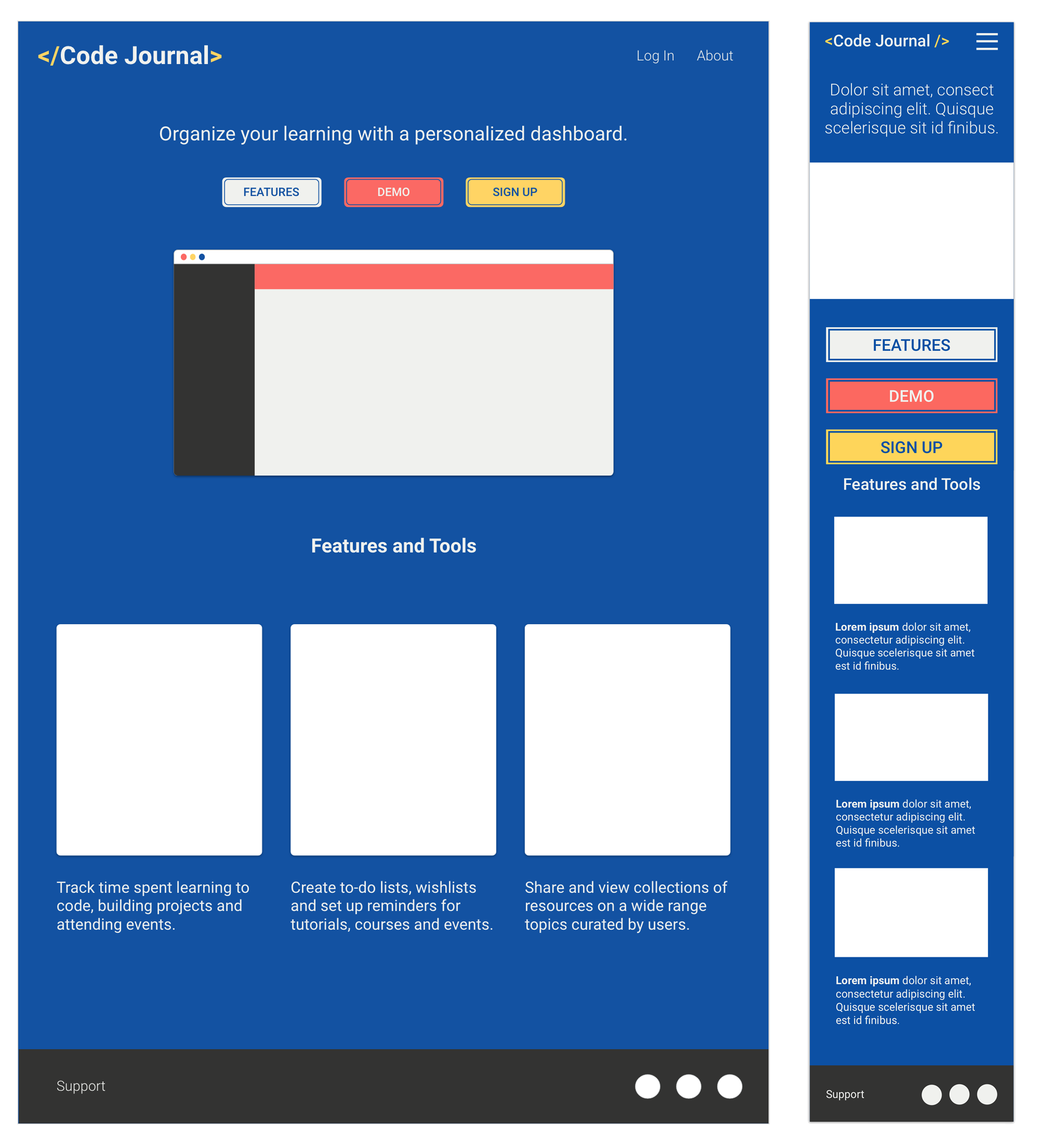 Codejournal Wirefreame Screenshots