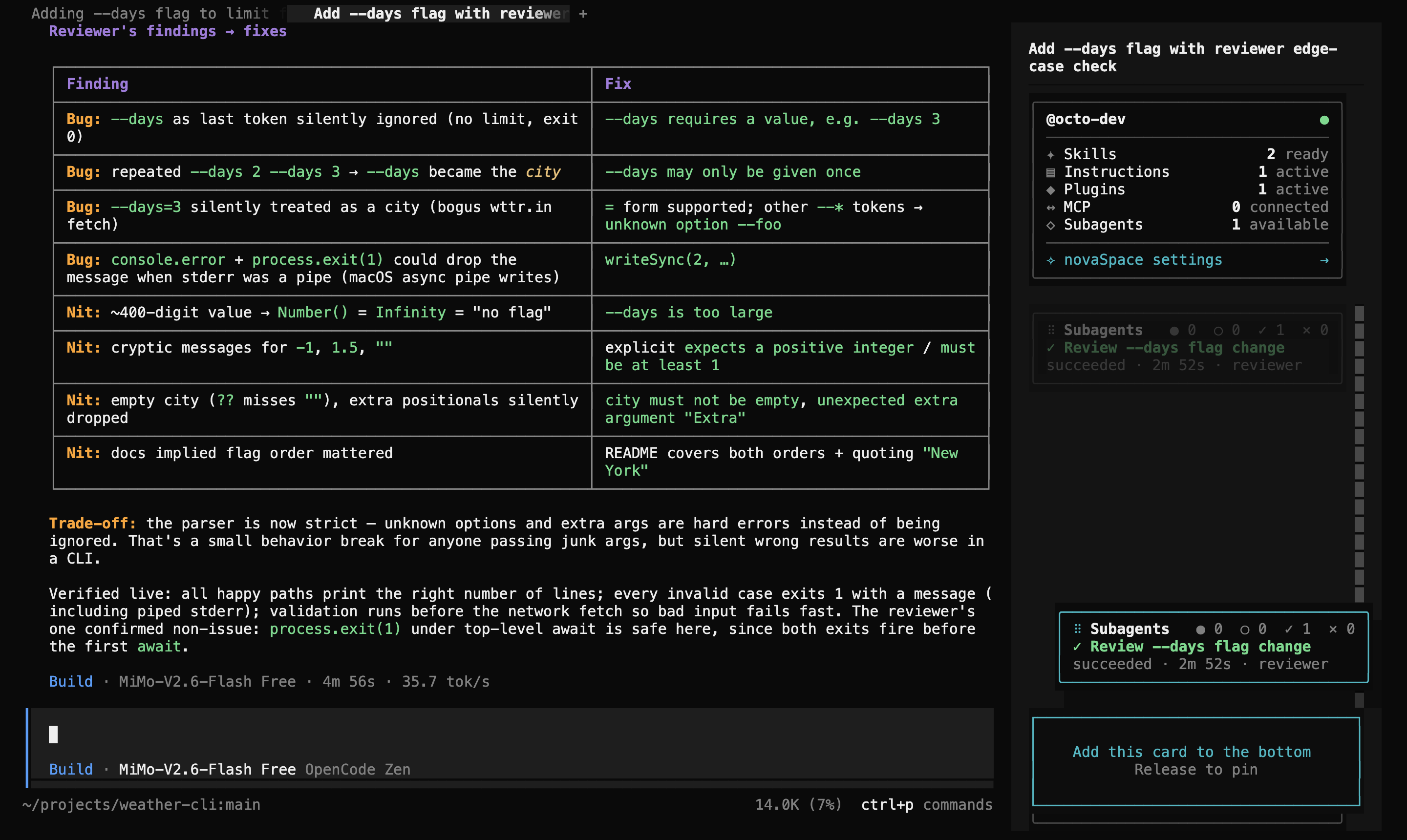 Dragging a custom Subagents card to pin it at the bottom of the sidebar