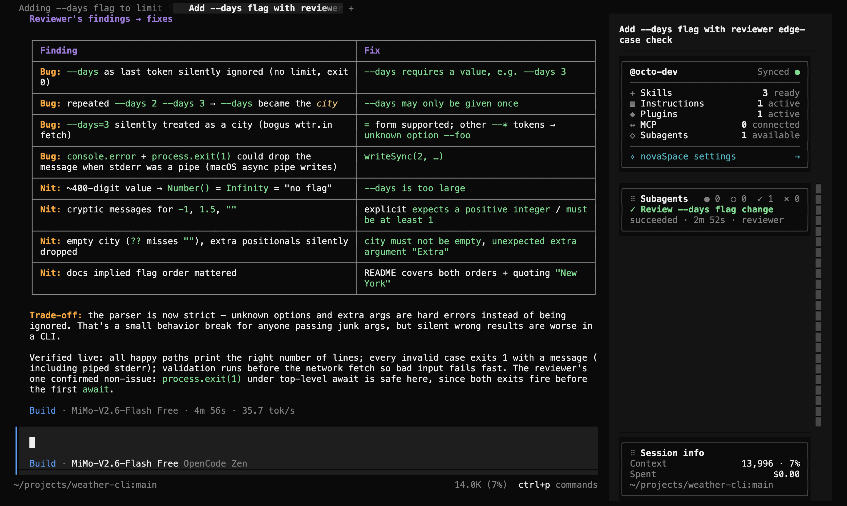novaSpace sidebar in an OpenCode session: profile card, a custom subagents card and session info
