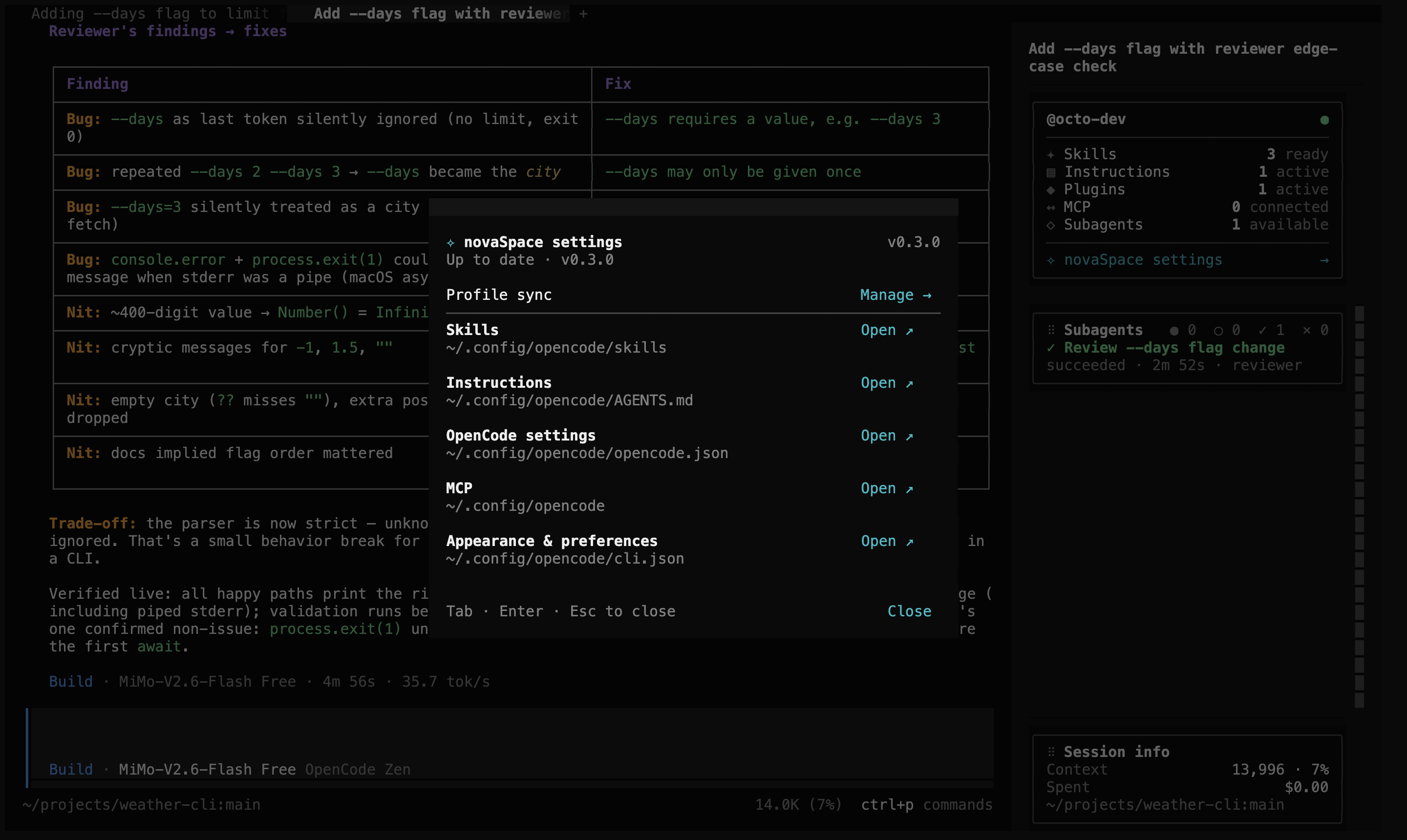 novaSpace settings: links to skills, instructions, OpenCode settings, MCP and appearance files