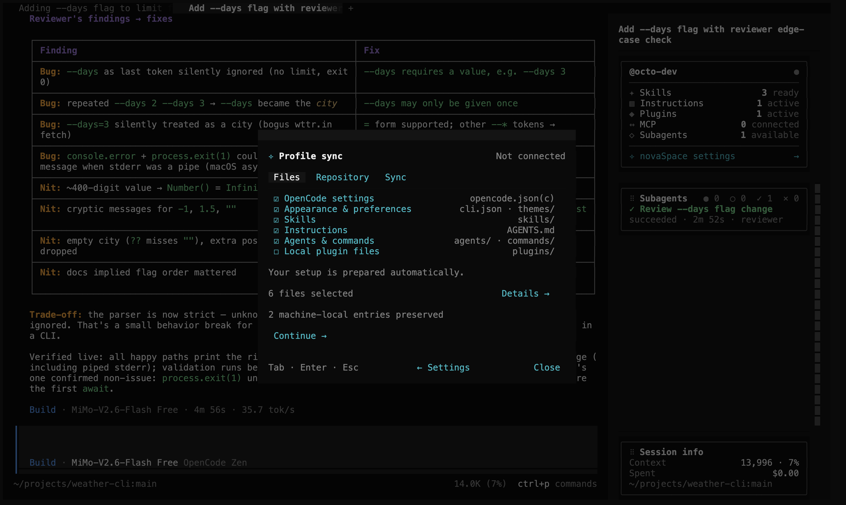 Choosing what to sync: OpenCode settings, appearance, skills, instructions, agents and commands