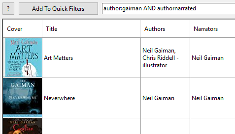 Search example: author:gaiman AND authornarrated