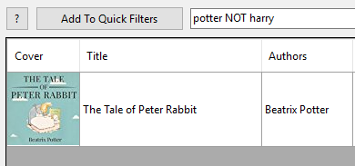 Search example: "potter NOT harry"