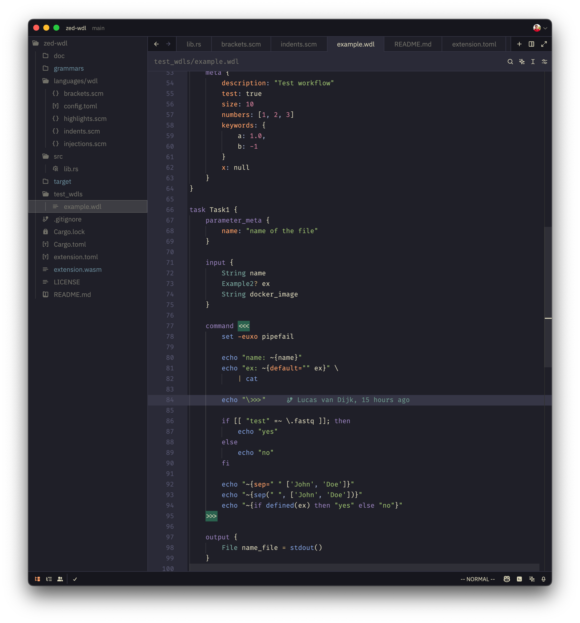 Screenshot of WDL code in Zed