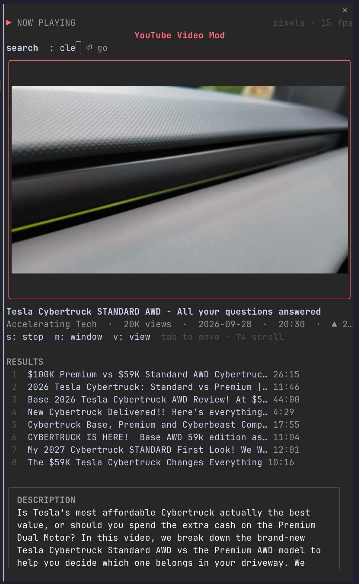 The YouTube Video Mod playing a video in a Claude Code pane, with search results and the description below