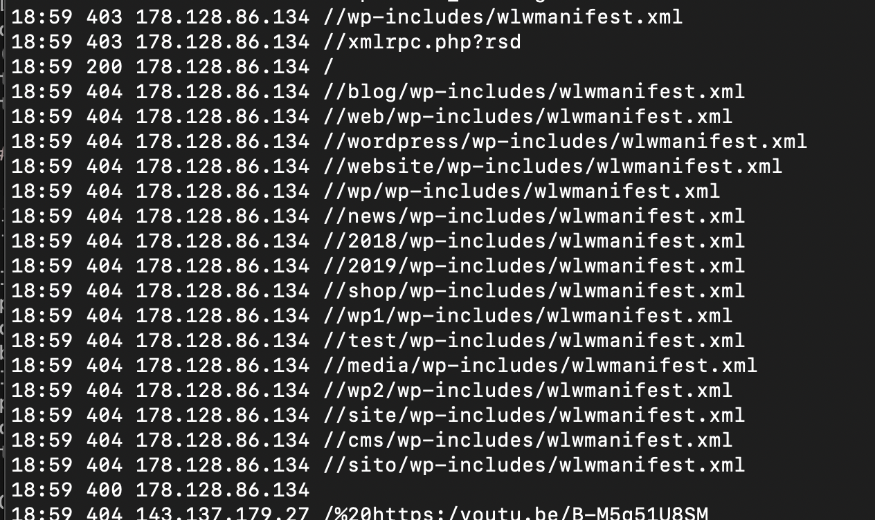 Access log history showing fishing for WordPress files
