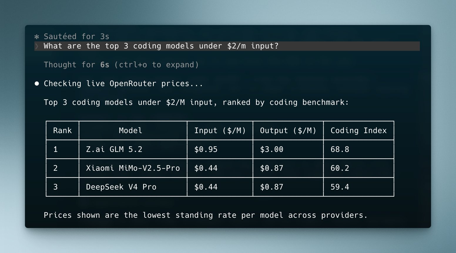 OpenRouter MCP ranking top coding models by price inside a coding agent