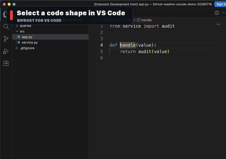 Selecting Python source in VS Code, inspecting its normalized Rune IR, using the generated starter RQL, and browsing the exact query result