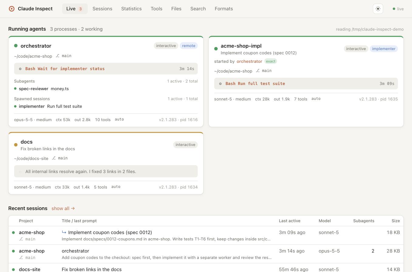 Live-Dashboard mit laufenden Agenten, Subagenten und einer gestarteten Worker-Session