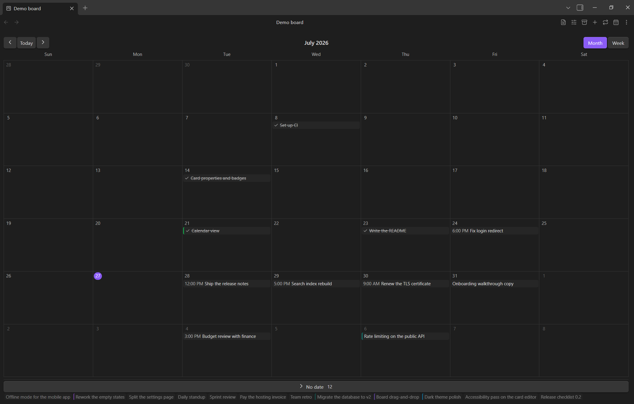 The calendar view