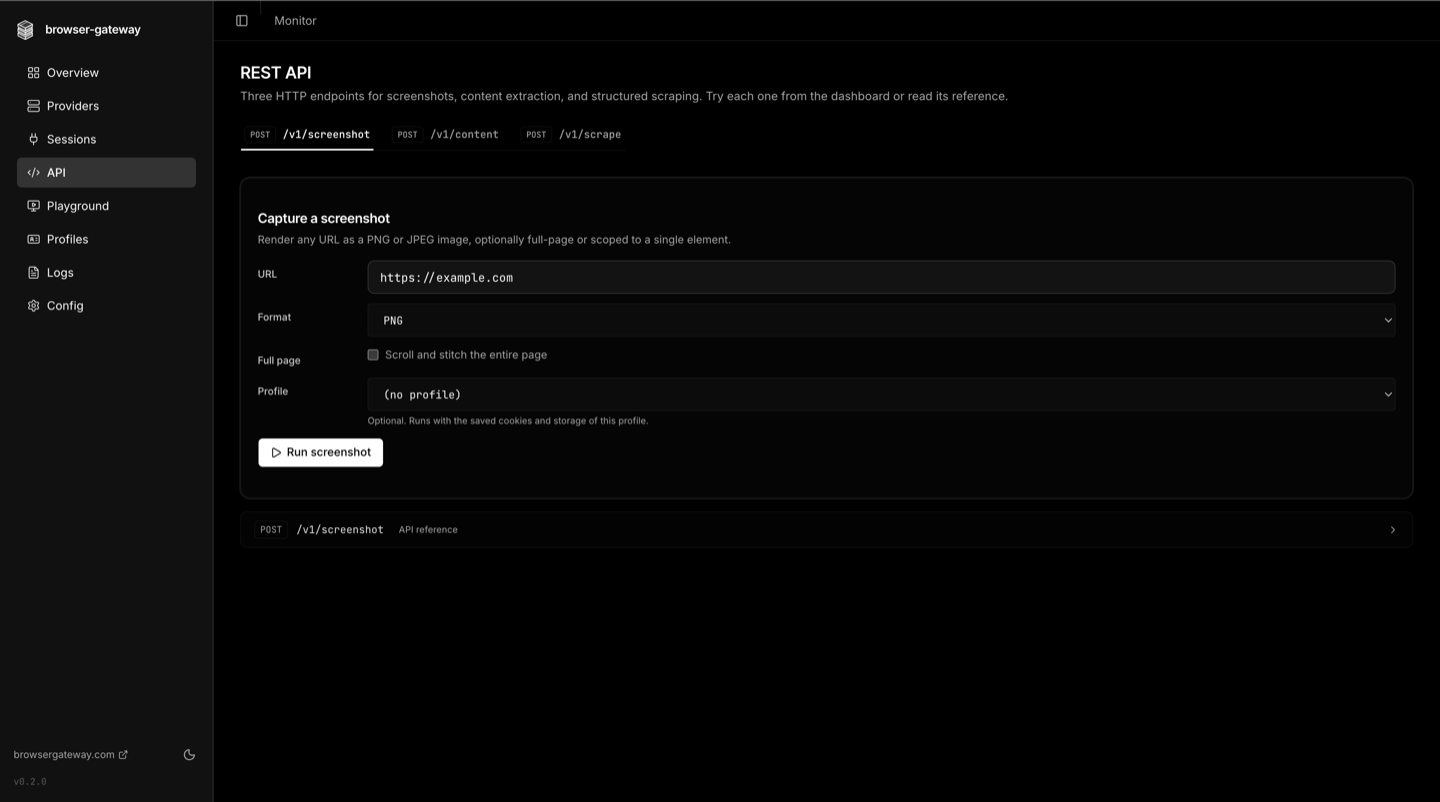 REST API page in the dashboard with three tabs (screenshot, content, scrape) and a form to capture a screenshot of a target URL with format and profile options