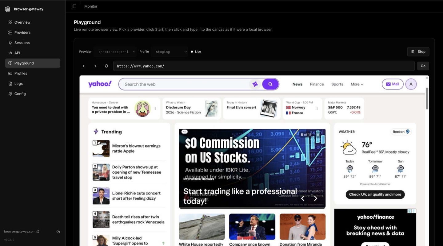 Live playground page streaming a remote Chrome session showing yahoo.com loaded inside the dashboard canvas