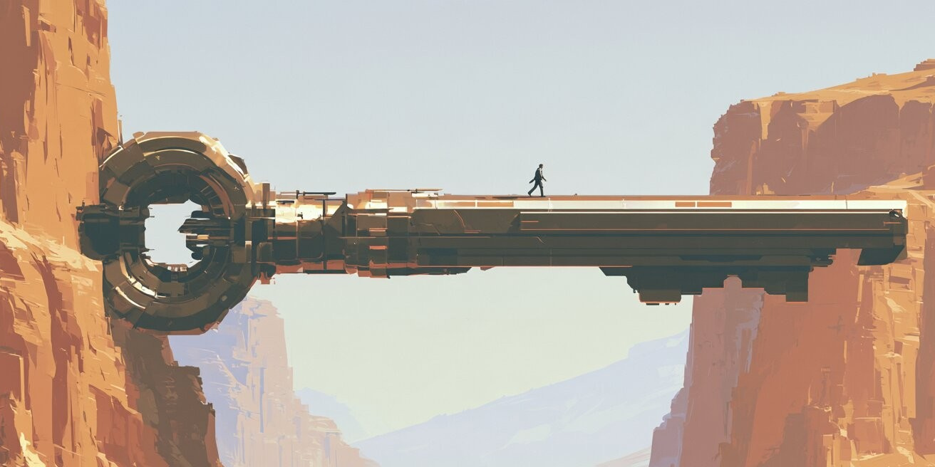 A person crossing an orange canyon on a giant key-shaped bridge, from the Browser Use website.