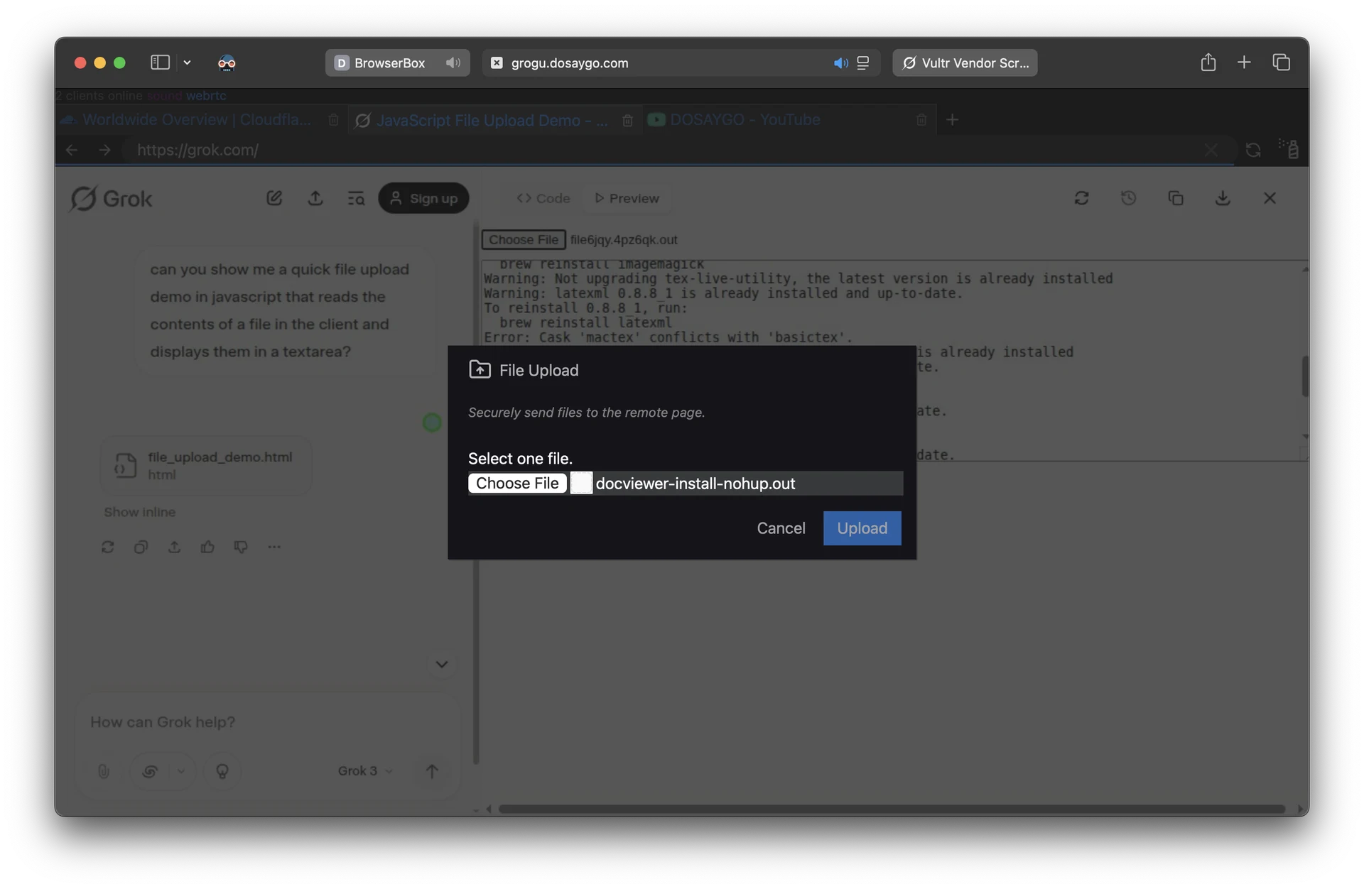 BrowserBox uploads files, and does many other things, just like a normal browser.