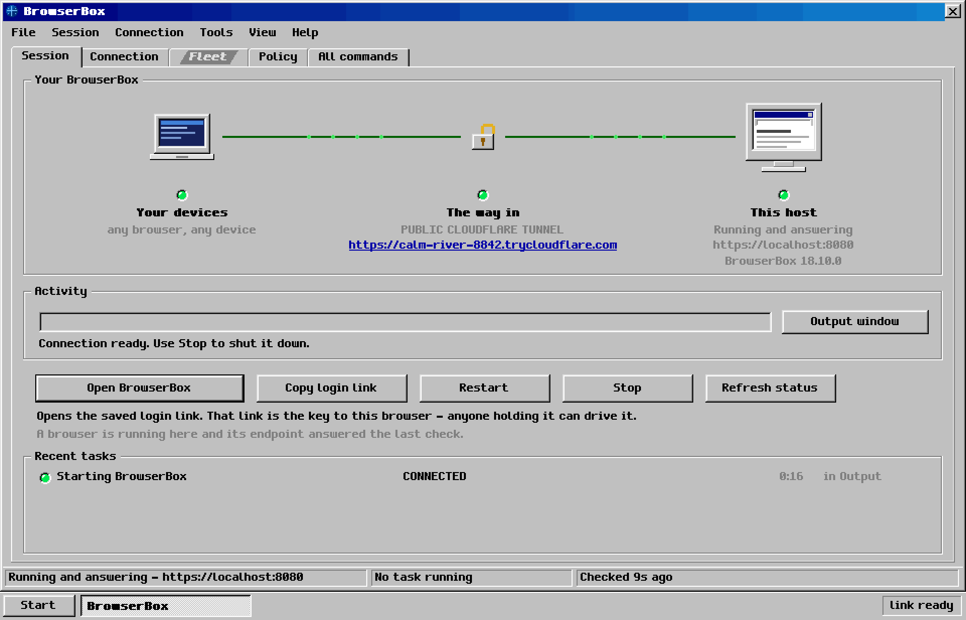 The BrowserBox desktop app: the Session view showing your devices, a Cloudflare tunnel and this host, all connected