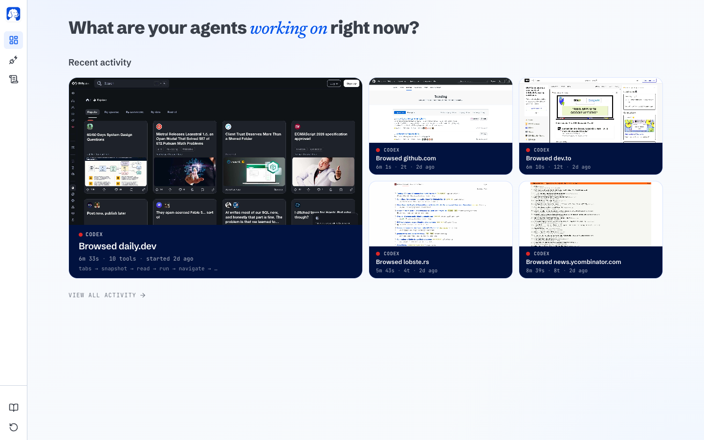 BrowserOS neo dashboard showing agent sessions and recent activity