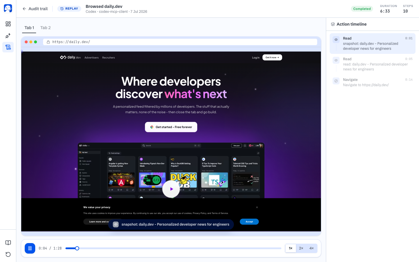 BrowserOS neo replay view with video scrubber and action timeline