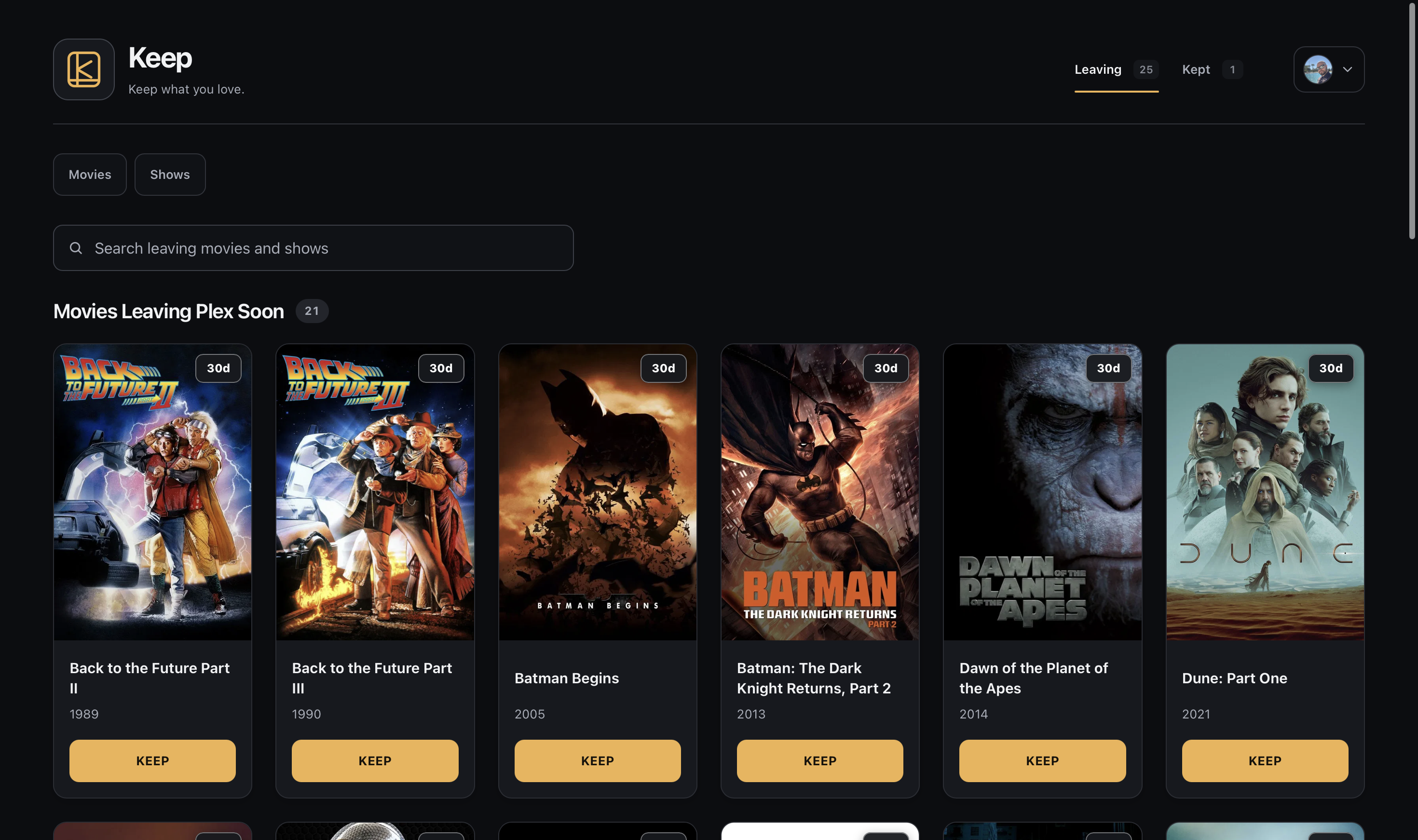 Keep's Leaving page in dark mode, showing movies with removal countdowns and Keep buttons.