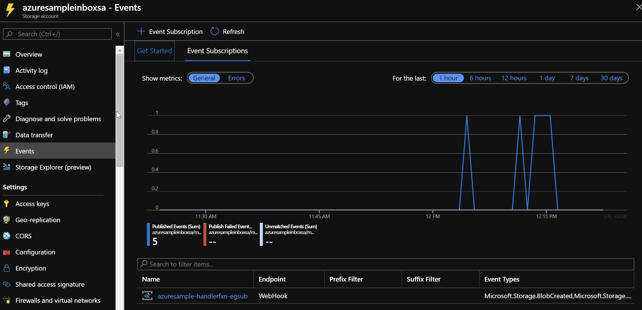 Azure Portal Storage Events area