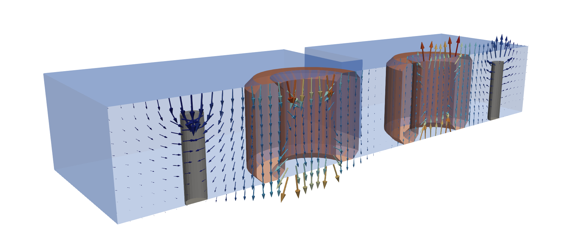 Electric field vectors in a two-pole dielectric resonator filter: two ceramic pucks stand in a metal housing, separated by a wall with a coupling window, with a probe pin at each end