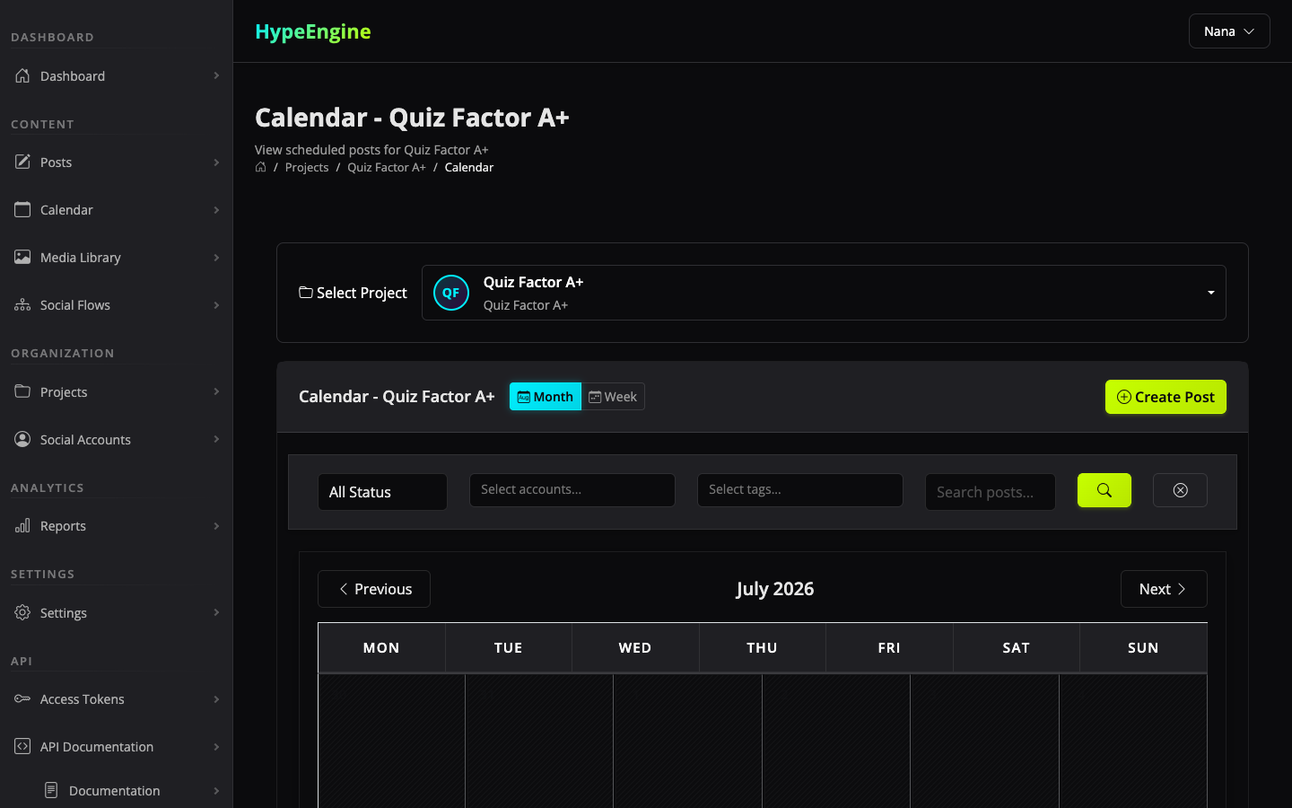 Hype Engine content calendar