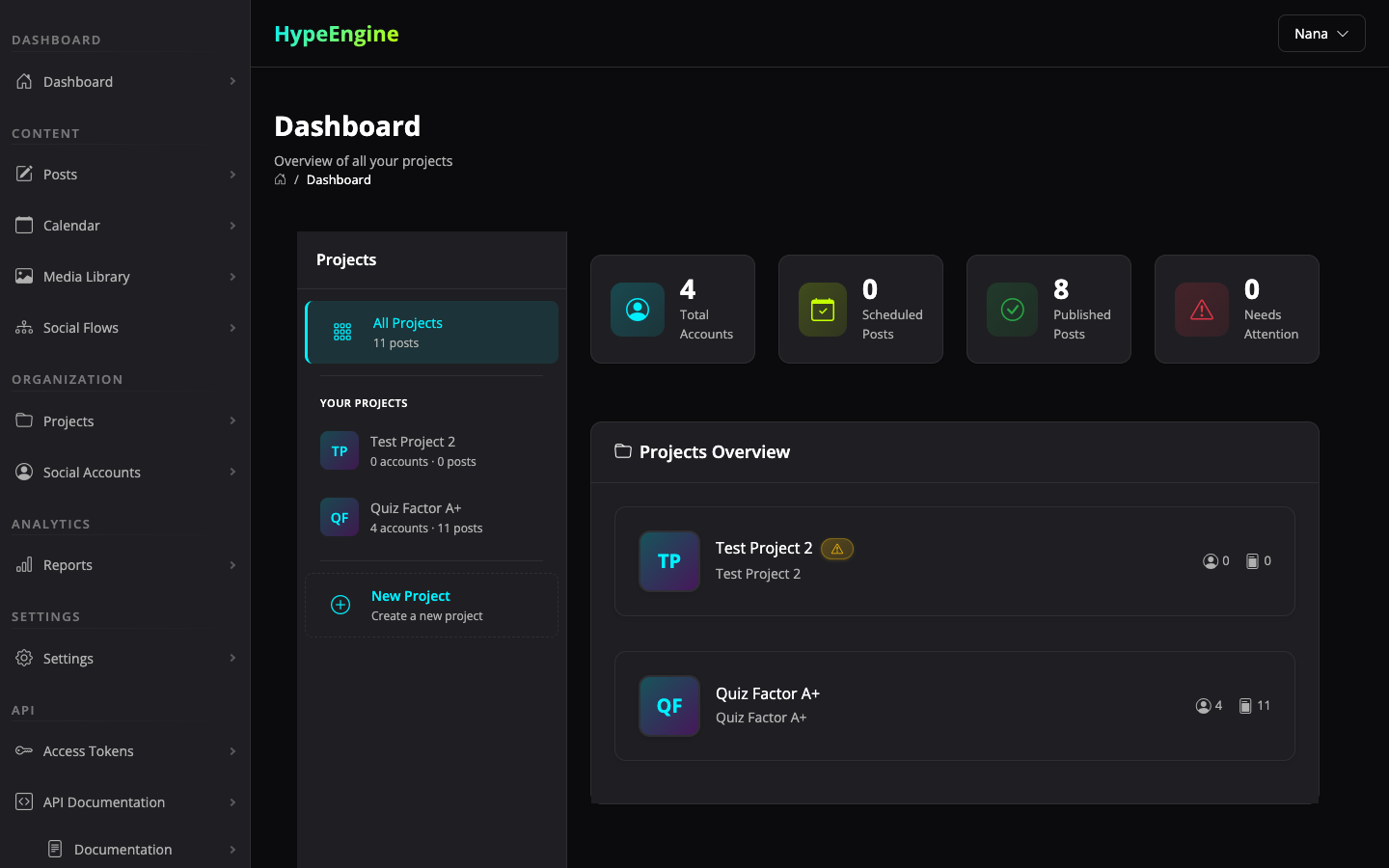Hype Engine project dashboard