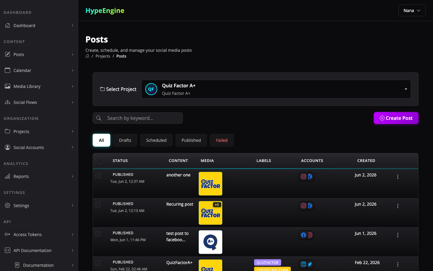 Hype Engine post management