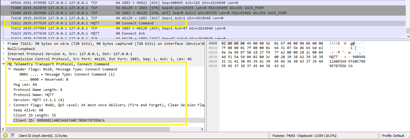 Wireshark Dissecting Port 1883, Connect Command from Unreal Engine MQTT Client Instance