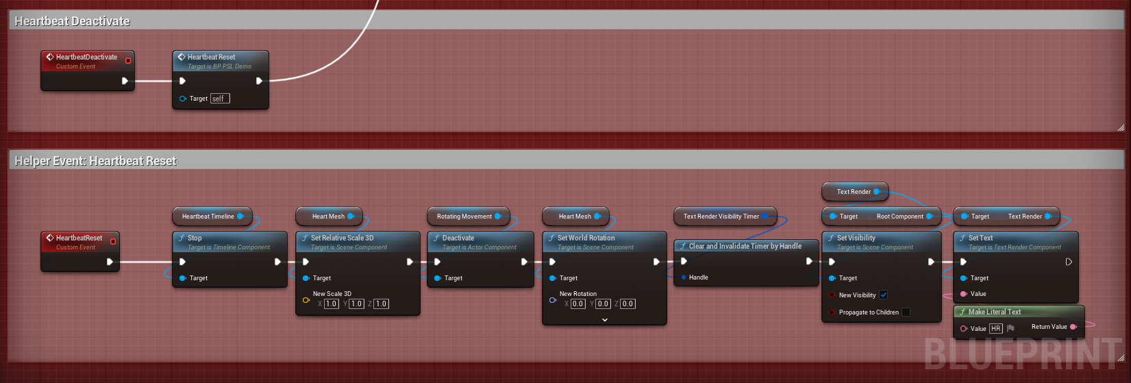 Blueprint BP_PSL_Demo, Event Graph Section 'Heartbeat Deactivate'