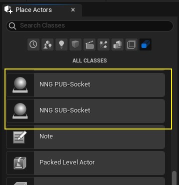 Screenshot of Editor Tab 'Place Actors' listing Socket Actors