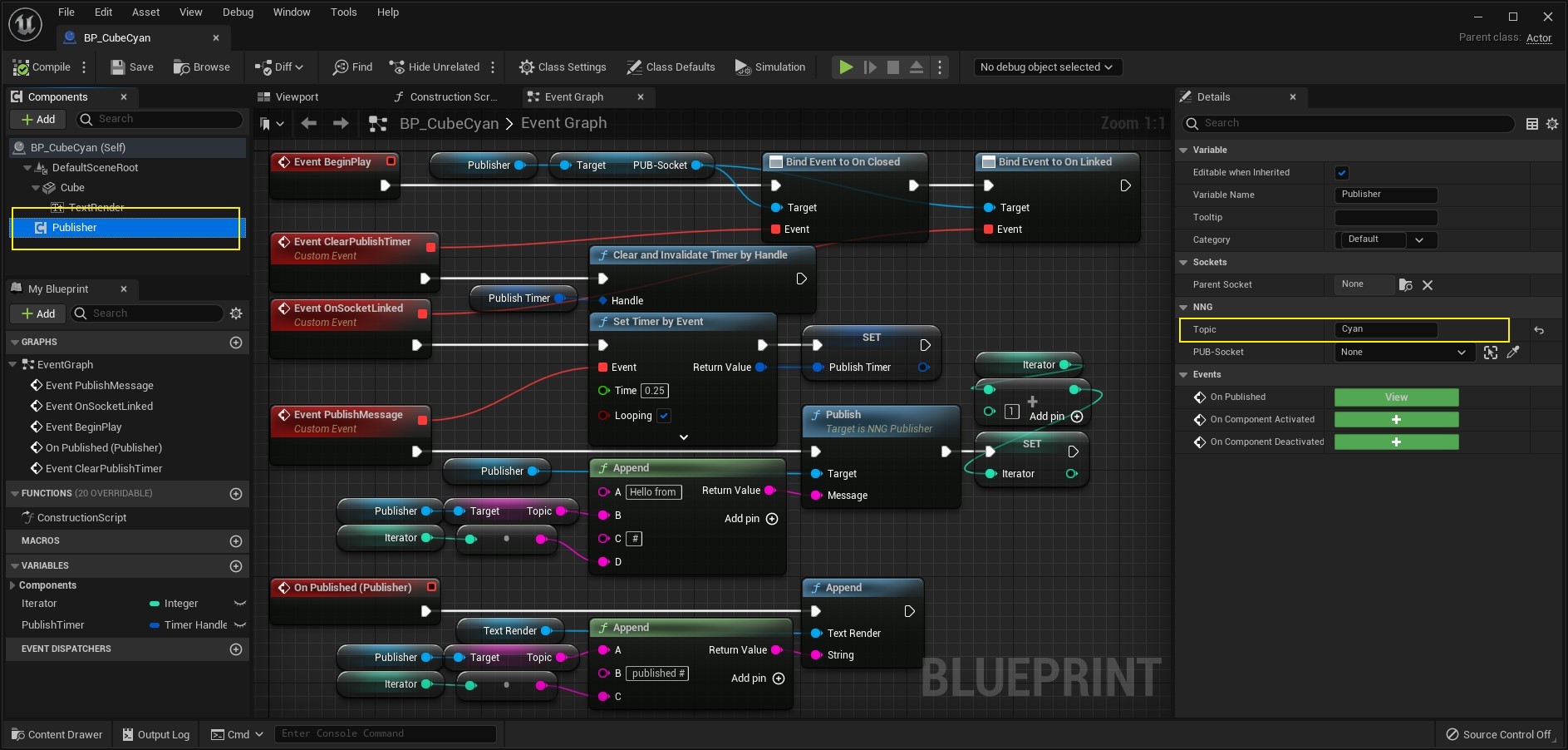 Screenshot of Blueprint BP_CubeCyan Event Graph