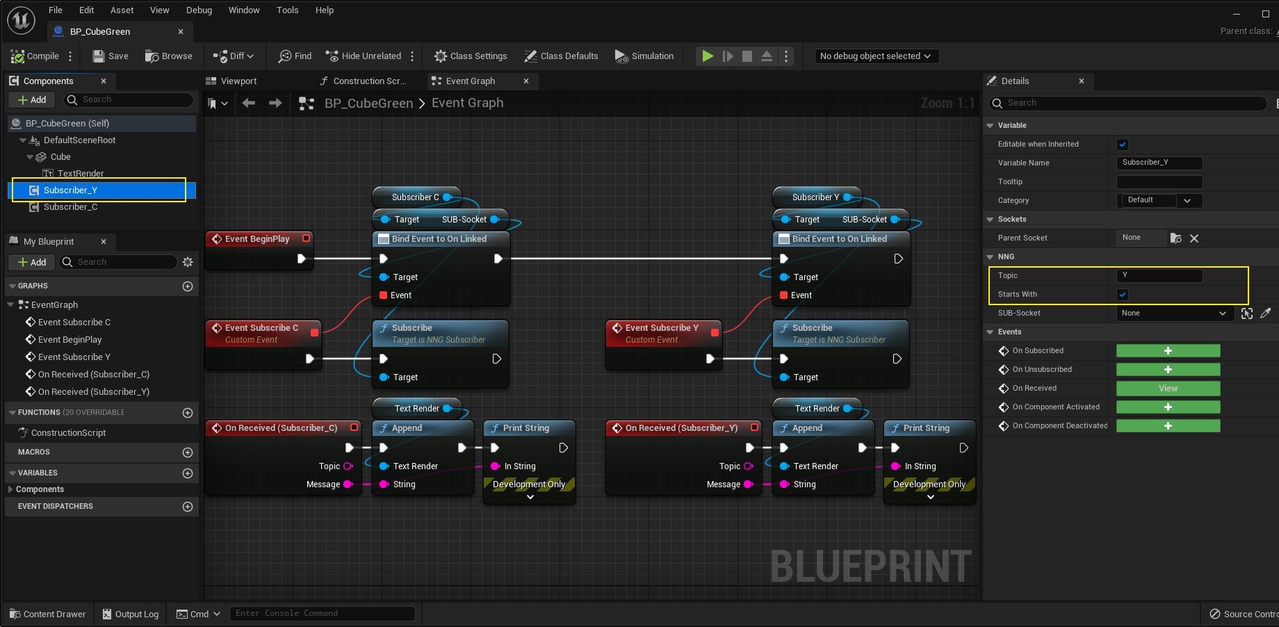 Screenshot of Blueprint BP_CubeGreen Event Graph