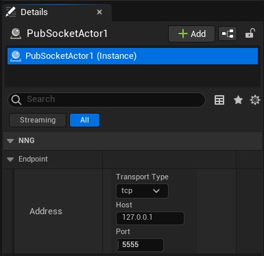 Screenshot of PUB-Socket Actor instance 'Details' panel with variables from Endpoint