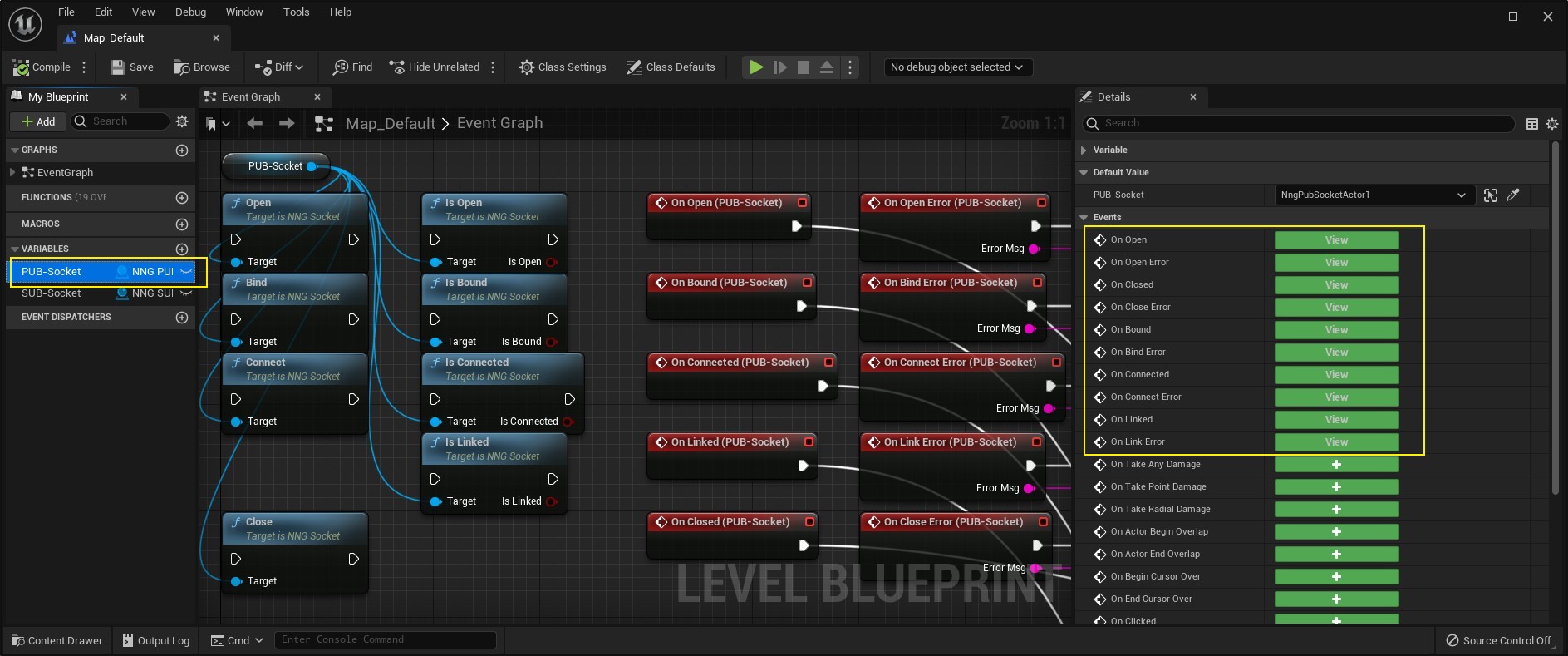 Screenshot of a Level Blueprint with function and event nodes of a PUB-Socket Actor