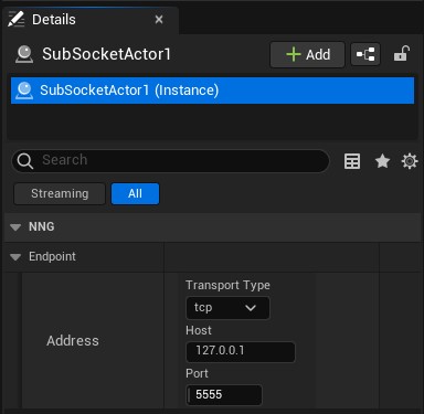 Screenshot of SUB-Socket Actor instance 'Details' panel with variables from Endpoint