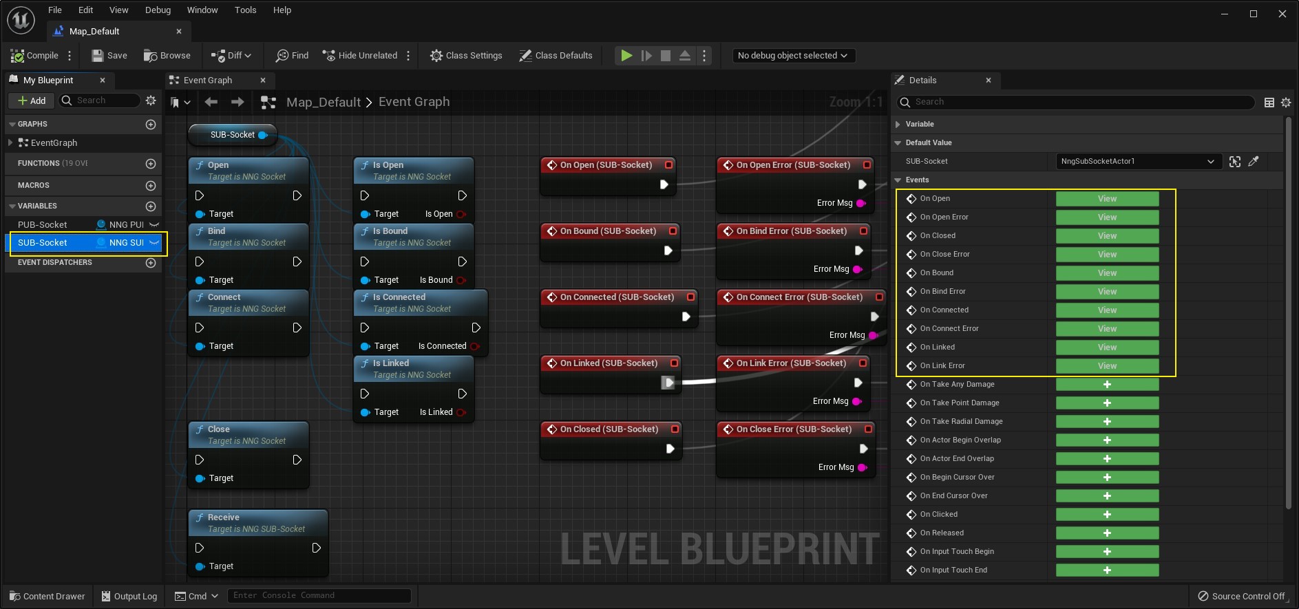 Screenshot of a Level Blueprint with function and event nodes of a SUB-Socket Actor