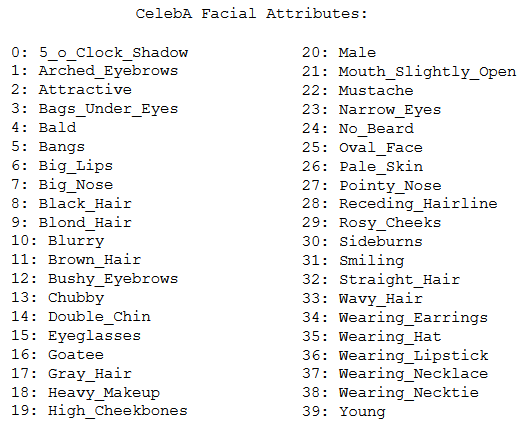 Complete list of facial attributes provided by CelebA